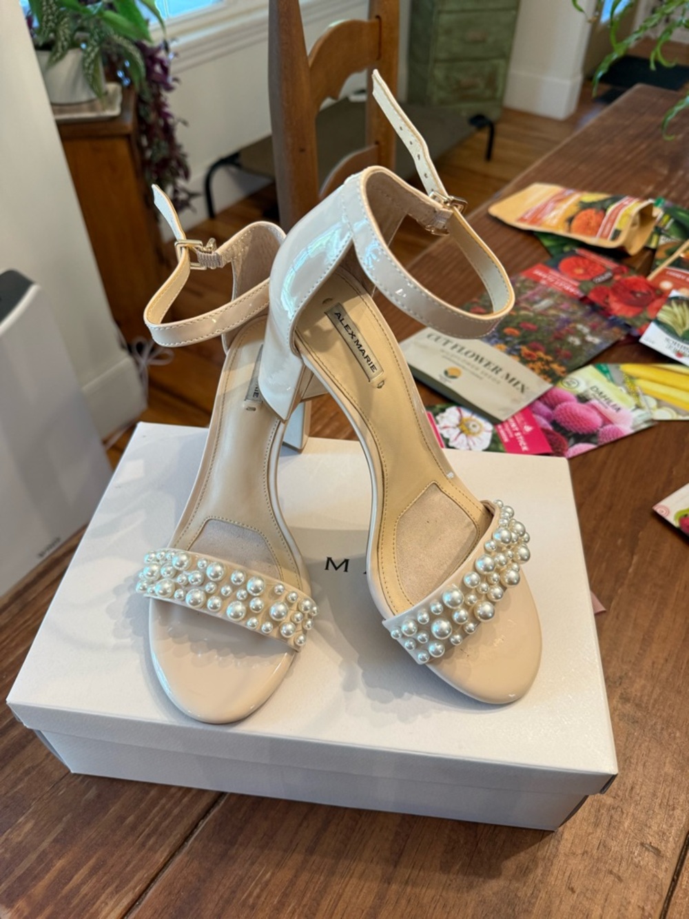 Alex Marie Pearl-Embellished Ankle Strap Heels in Nude Patent